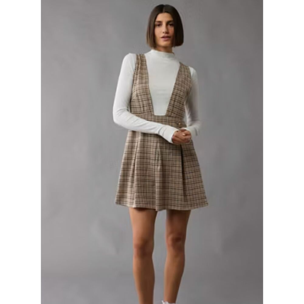 American Eagle AE Plaid Mini Dress - Tan/White/Brown Multi - NWT - Size Medium
